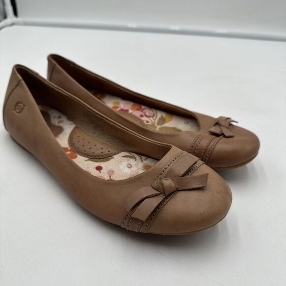 Born Women's Jazzy Ballet Flats Size 8 Tan Brown Leather Slip On Shoe Bow - Picture 1 of 9